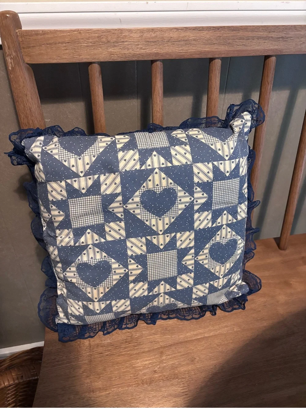 Blue & Cream Quilted Heart Patchwork Decorative Pillow - Home Bedding
